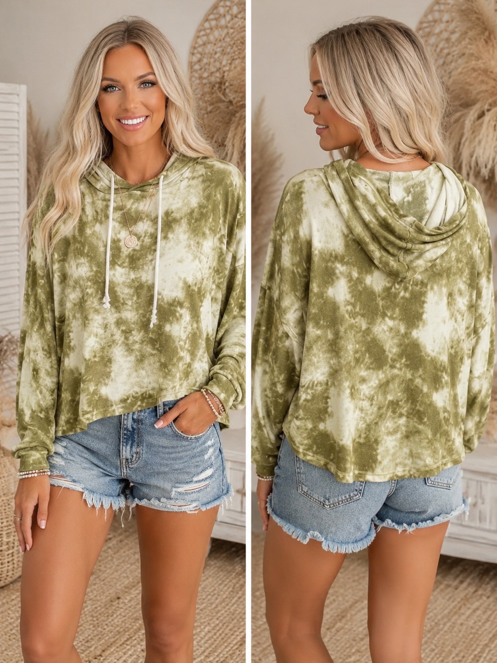 062 New Tie-Dye Olive Hooded Pullover Top Oversized Small 24” ptp